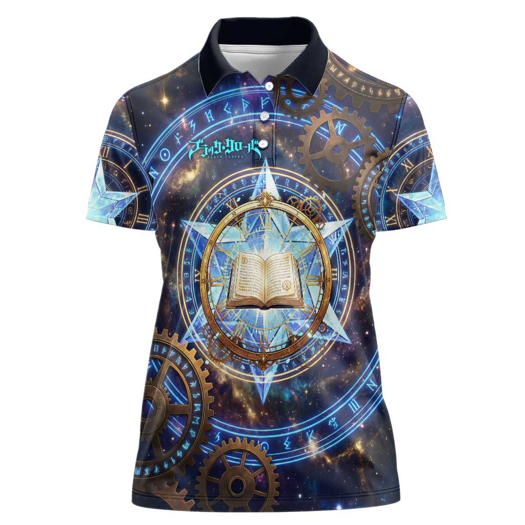 Julius Novachrono Black Clover Women Polo Shirt Cosmic Time Magic Style with Celestial Clockwork Motif