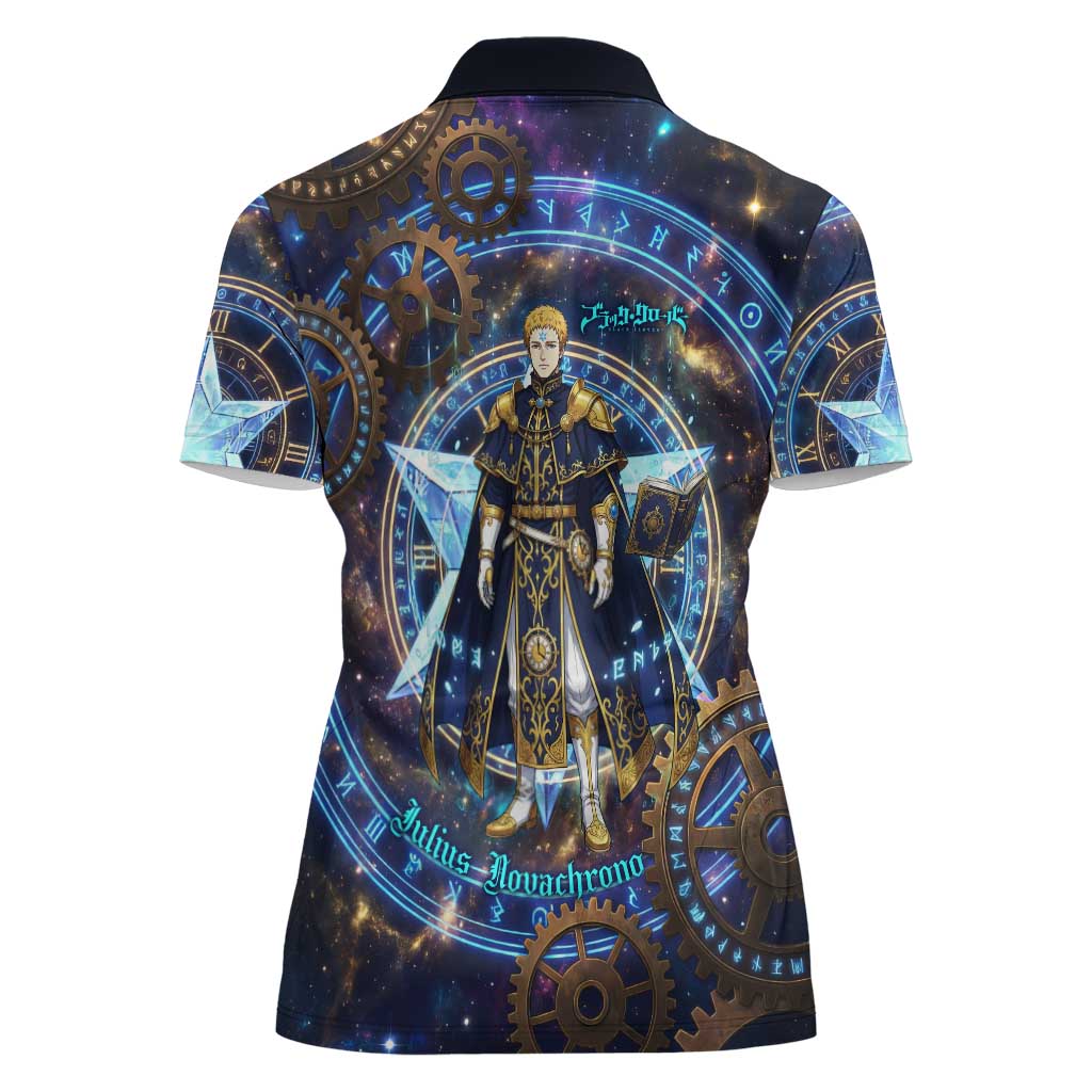 Julius Novachrono Black Clover Women Polo Shirt Cosmic Time Magic Style with Celestial Clockwork Motif