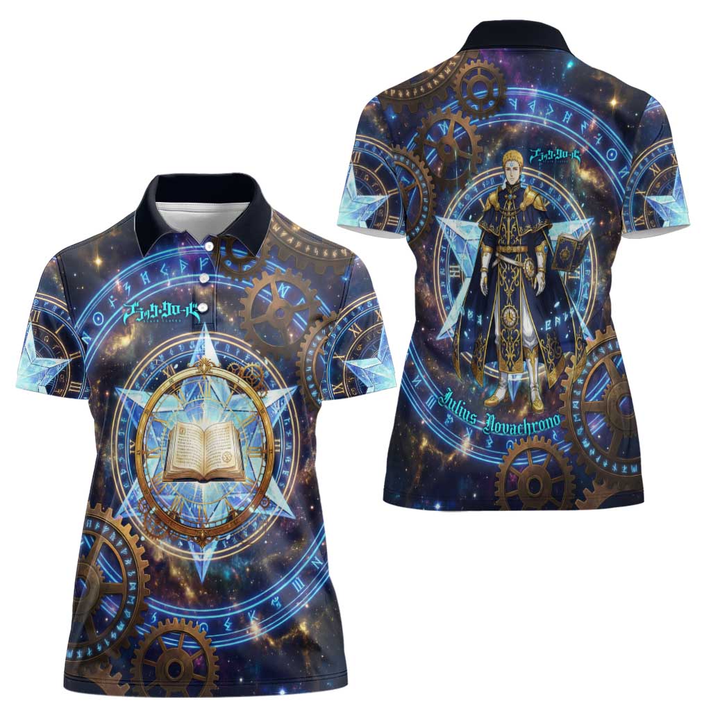 Julius Novachrono Black Clover Women Polo Shirt Cosmic Time Magic Style with Celestial Clockwork Motif