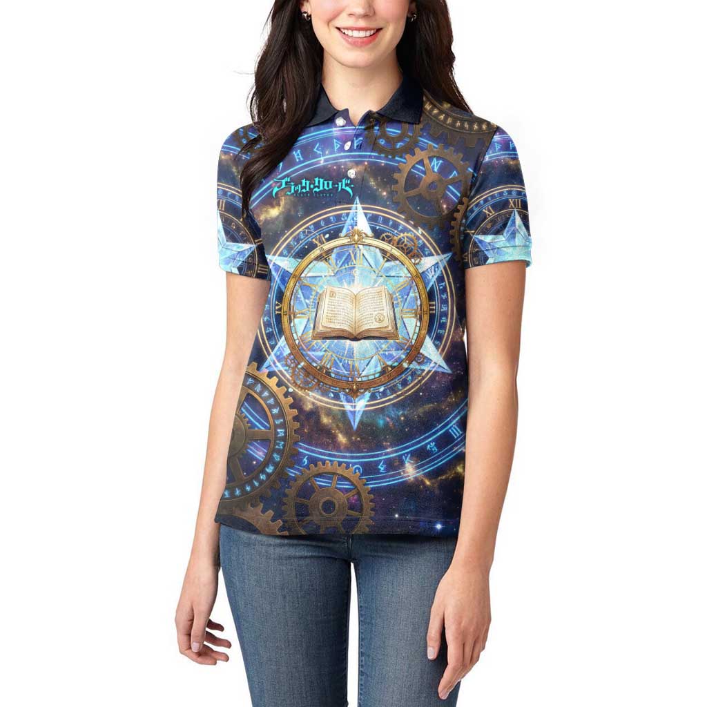 Julius Novachrono Black Clover Women Polo Shirt Cosmic Time Magic Style with Celestial Clockwork Motif