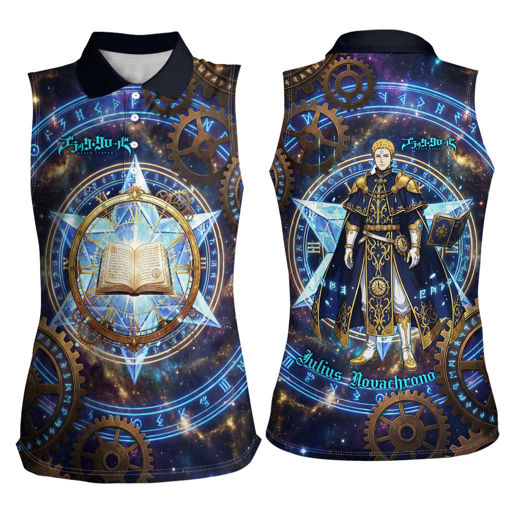 Julius Novachrono Black Clover Women Sleeveless Polo Shirt Cosmic Time Magic Style with Celestial Clockwork Motif
