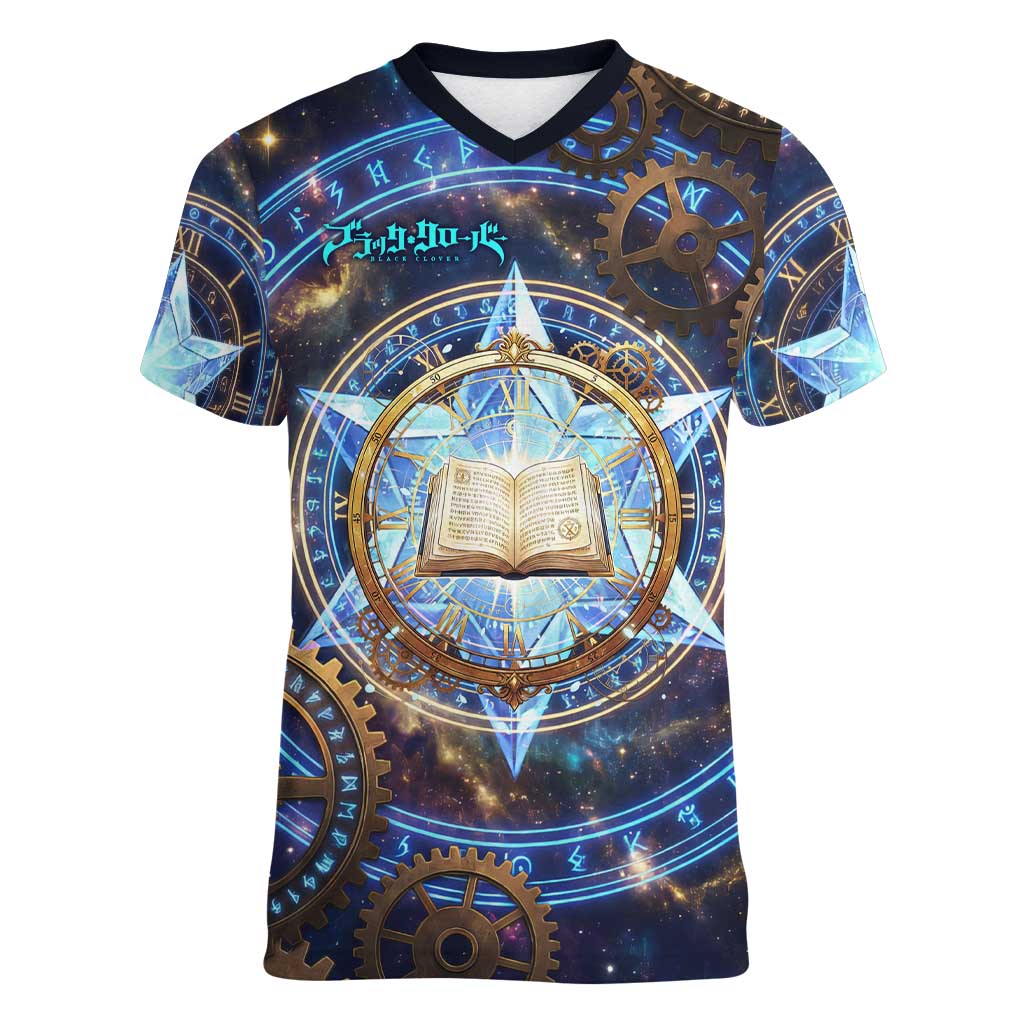 Julius Novachrono Black Clover Women V-Neck T-Shirt Cosmic Time Magic Style with Celestial Clockwork Motif