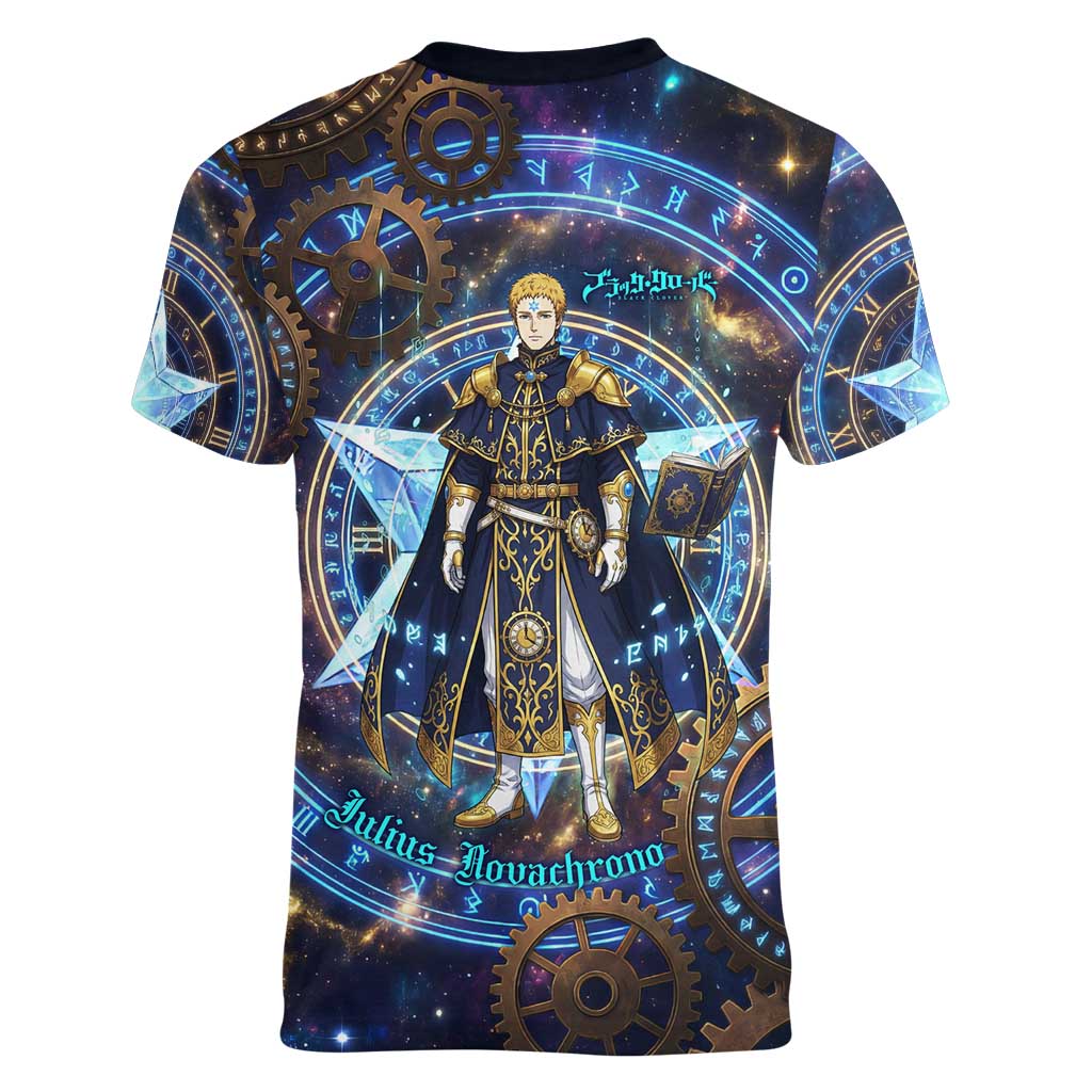 Julius Novachrono Black Clover Women V-Neck T-Shirt Cosmic Time Magic Style with Celestial Clockwork Motif
