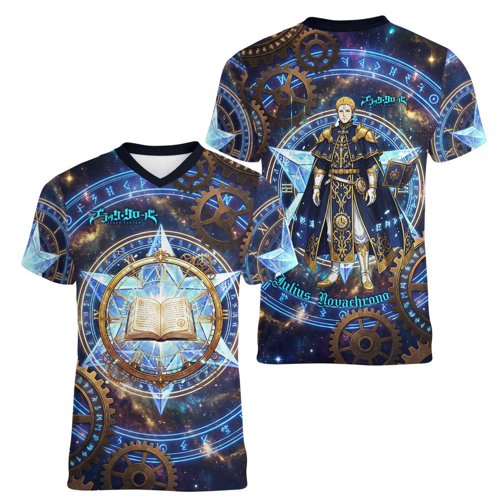 Julius Novachrono Black Clover Women V-Neck T-Shirt Cosmic Time Magic Style with Celestial Clockwork Motif