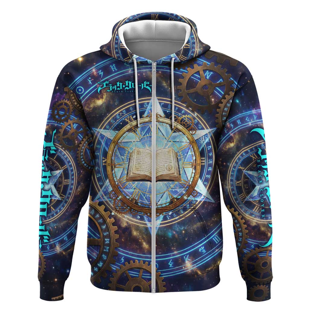 Julius Novachrono Black Clover Zip Hoodie Cosmic Time Magic Style with Celestial Clockwork Motif