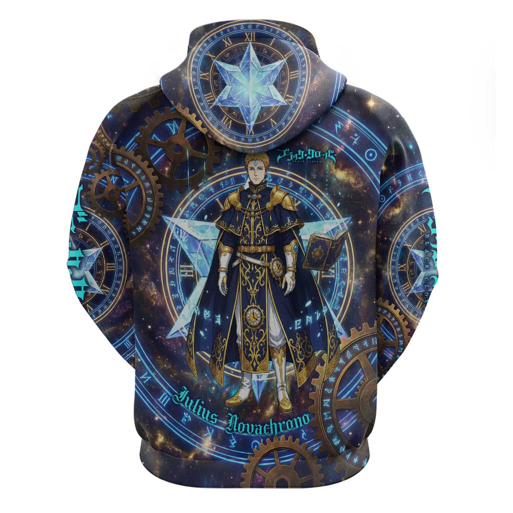 Julius Novachrono Black Clover Zip Hoodie Cosmic Time Magic Style with Celestial Clockwork Motif