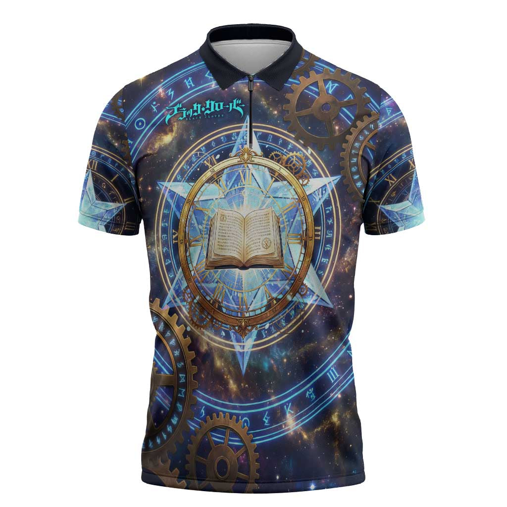 Julius Novachrono Black Clover Zipper Polo Shirt Cosmic Time Magic Style with Celestial Clockwork Motif