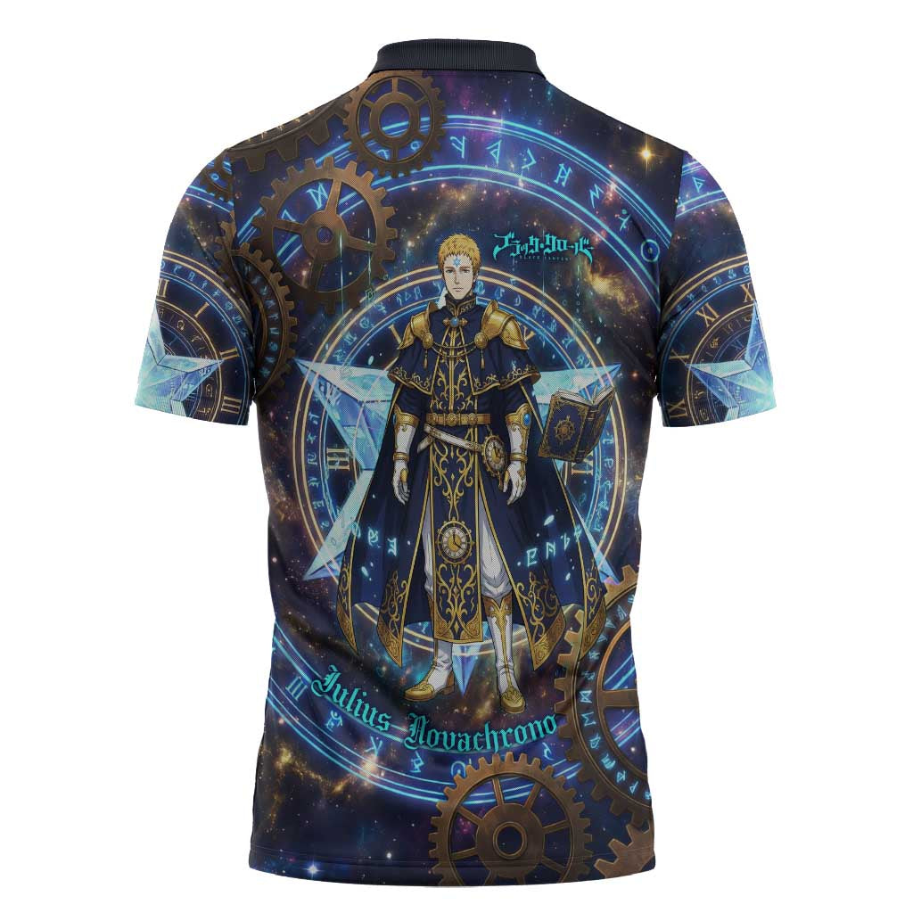 Julius Novachrono Black Clover Zipper Polo Shirt Cosmic Time Magic Style with Celestial Clockwork Motif