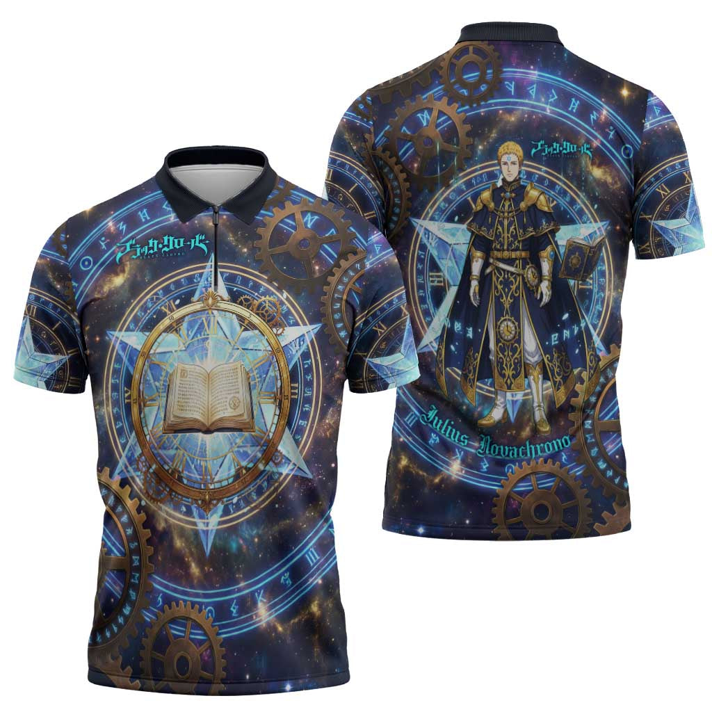 Julius Novachrono Black Clover Zipper Polo Shirt Cosmic Time Magic Style with Celestial Clockwork Motif