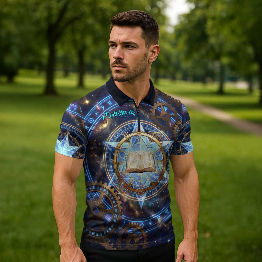 Julius Novachrono Black Clover Zipper Polo Shirt Cosmic Time Magic Style with Celestial Clockwork Motif