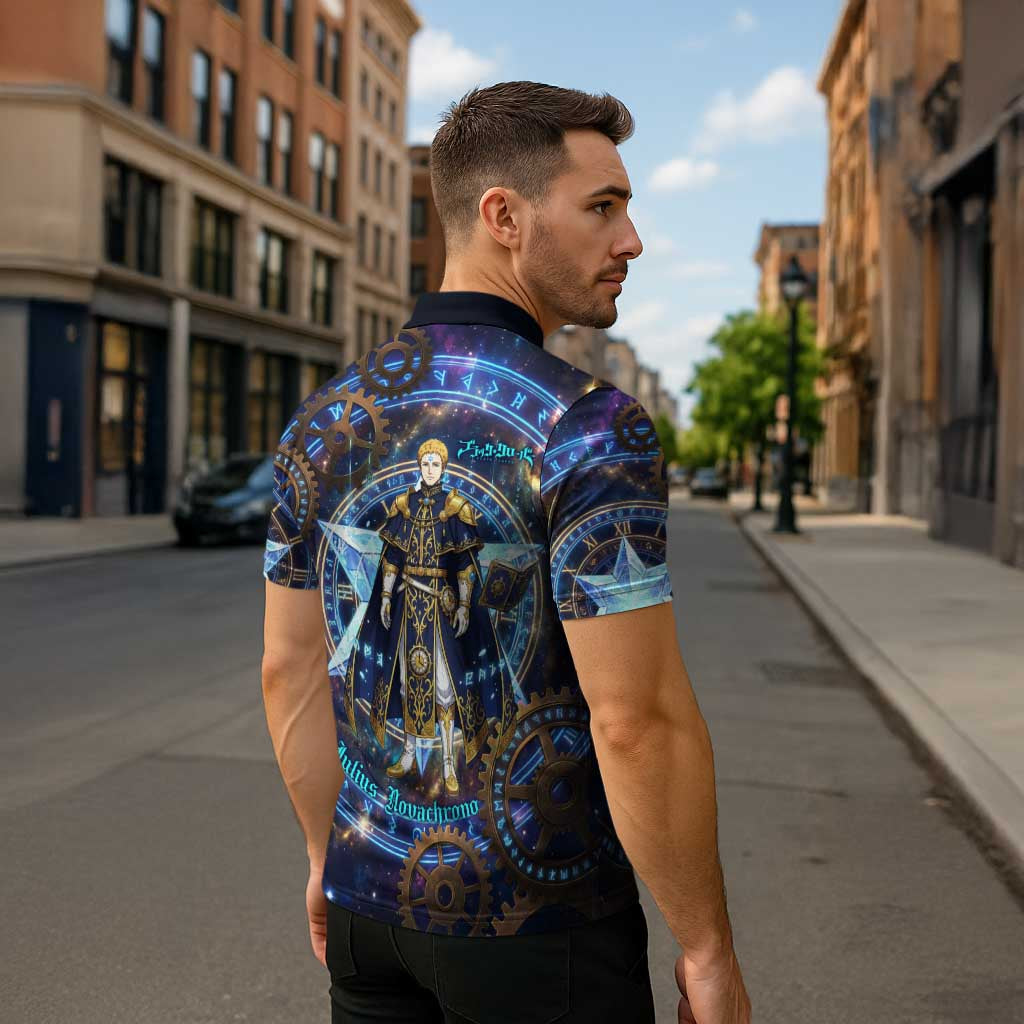 Julius Novachrono Black Clover Zipper Polo Shirt Cosmic Time Magic Style with Celestial Clockwork Motif