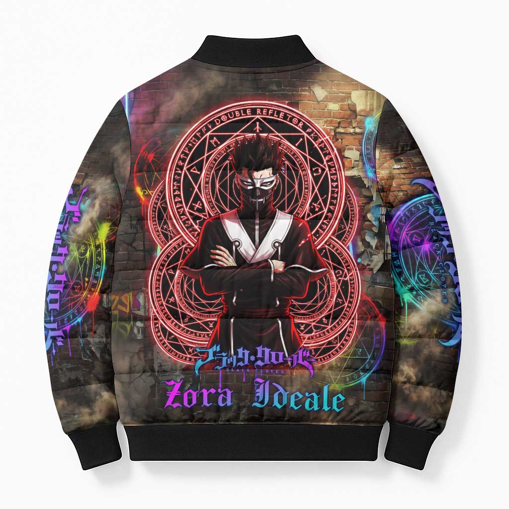 Zara Ideale Black Clover Bomber Puffer Jacket Graffiti Magic Circle Style with Urban Grunge Aesthetic