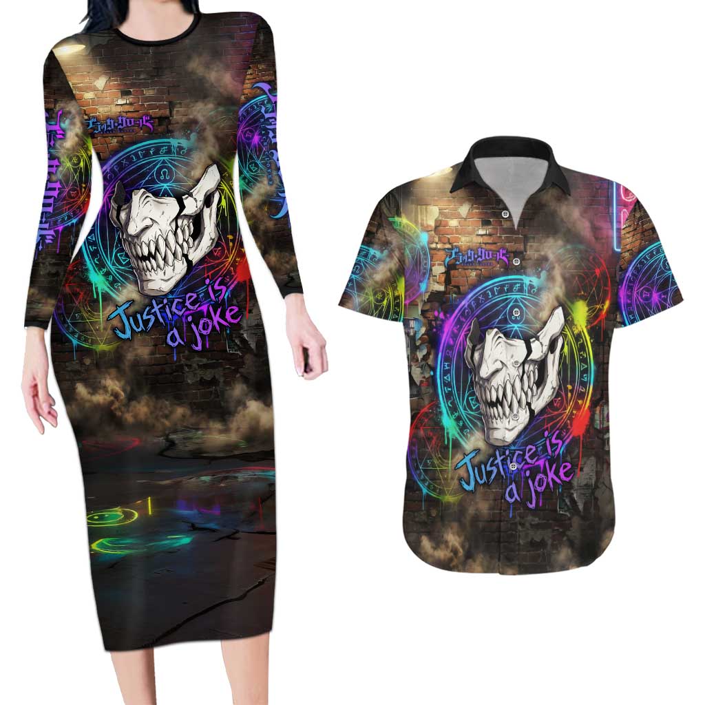 Zara Ideale Black Clover Couples Matching Long Sleeve Bodycon Dress and Hawaiian Shirt Graffiti Magic Circle Style with Urban Grunge Aesthetic