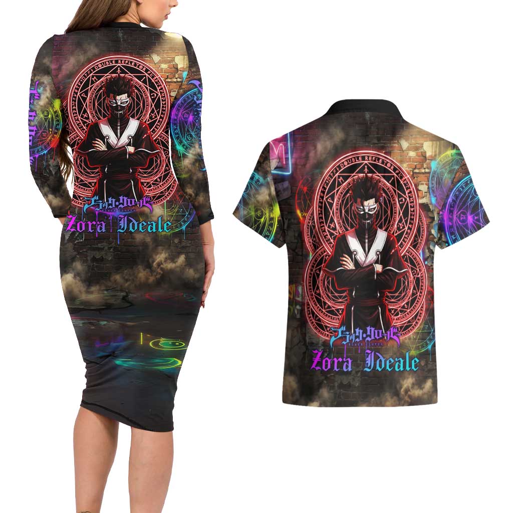 Zara Ideale Black Clover Couples Matching Long Sleeve Bodycon Dress and Hawaiian Shirt Graffiti Magic Circle Style with Urban Grunge Aesthetic