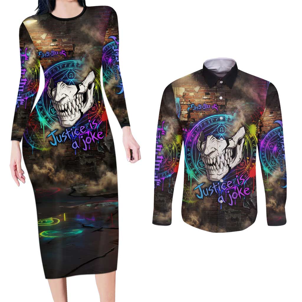 Zara Ideale Black Clover Couples Matching Long Sleeve Bodycon Dress and Long Sleeve Button Shirt Graffiti Magic Circle Style with Urban Grunge Aesthetic