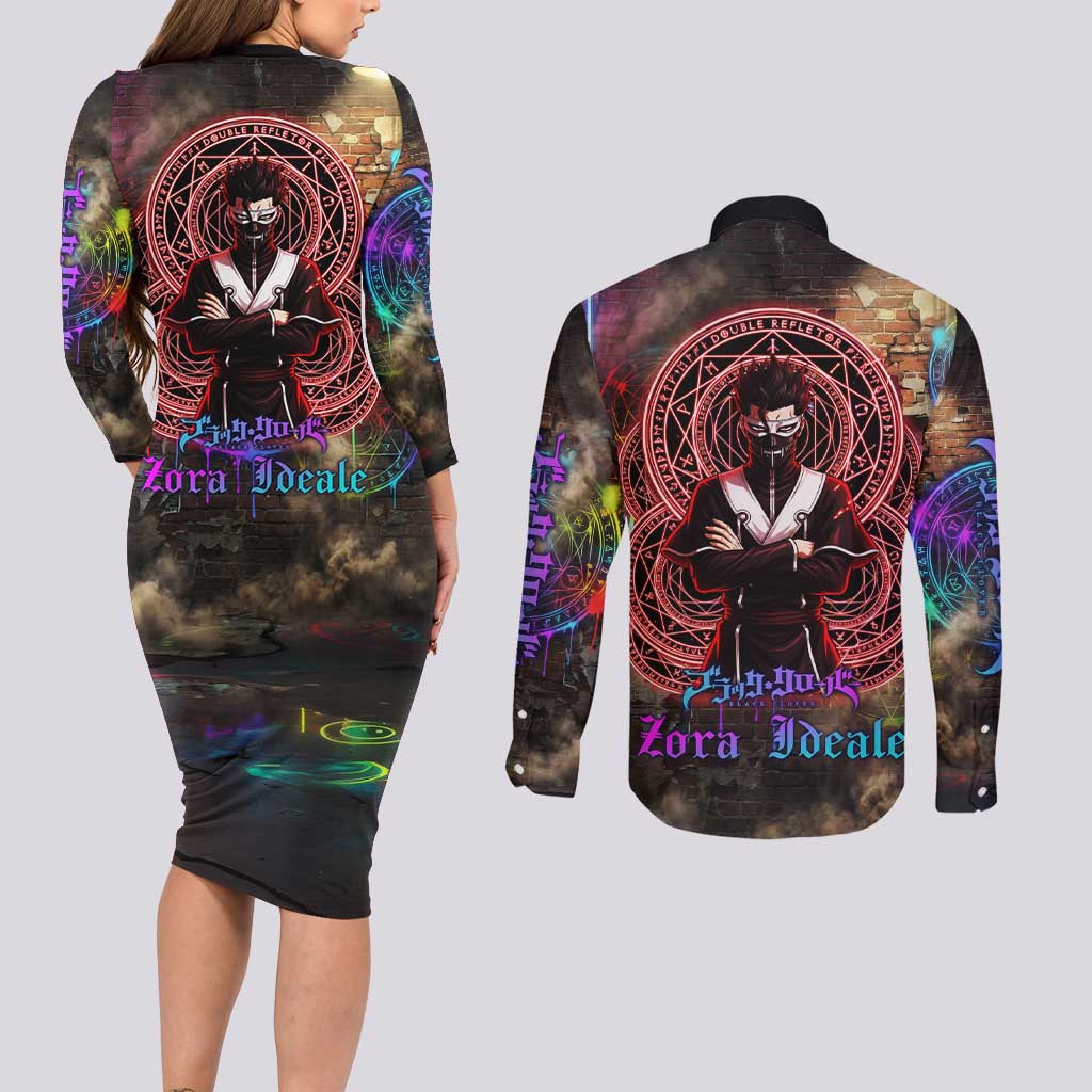 Zara Ideale Black Clover Couples Matching Long Sleeve Bodycon Dress and Long Sleeve Button Shirt Graffiti Magic Circle Style with Urban Grunge Aesthetic