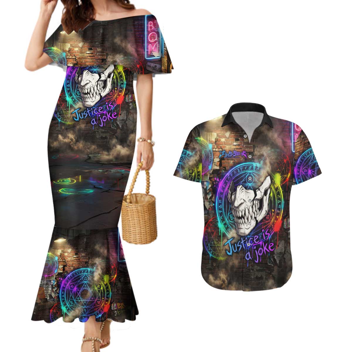 Zara Ideale Black Clover Couples Matching Mermaid Dress and Hawaiian Shirt Graffiti Magic Circle Style with Urban Grunge Aesthetic