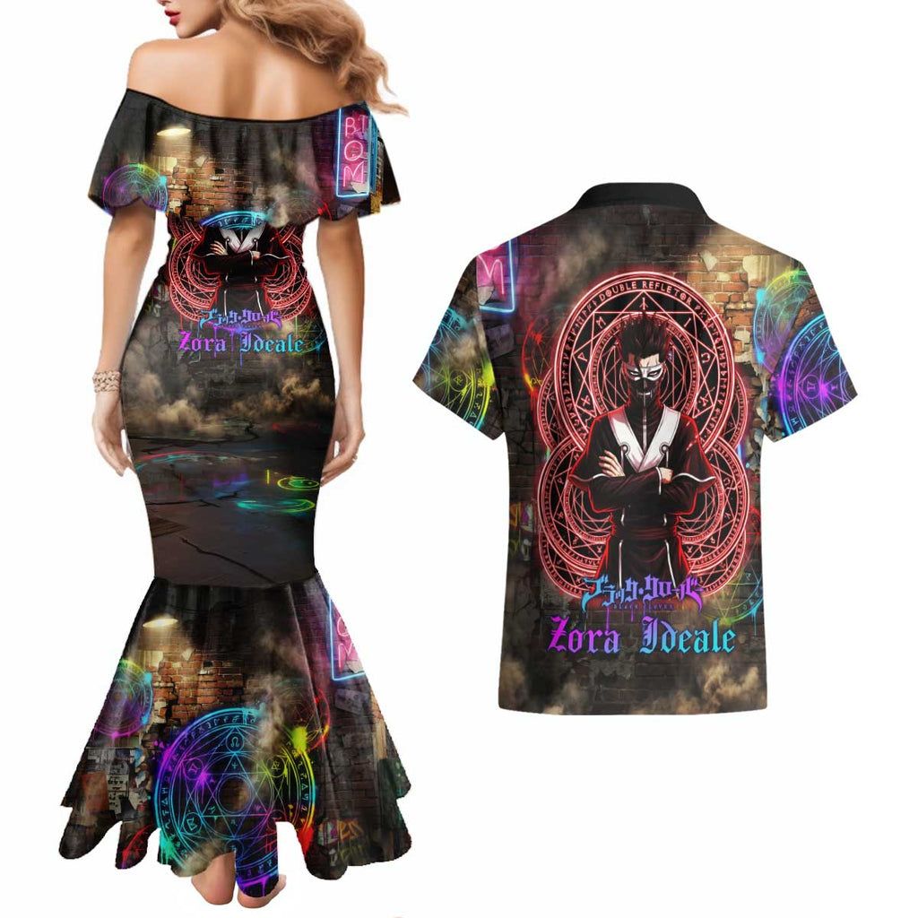 Zara Ideale Black Clover Couples Matching Mermaid Dress and Hawaiian Shirt Graffiti Magic Circle Style with Urban Grunge Aesthetic