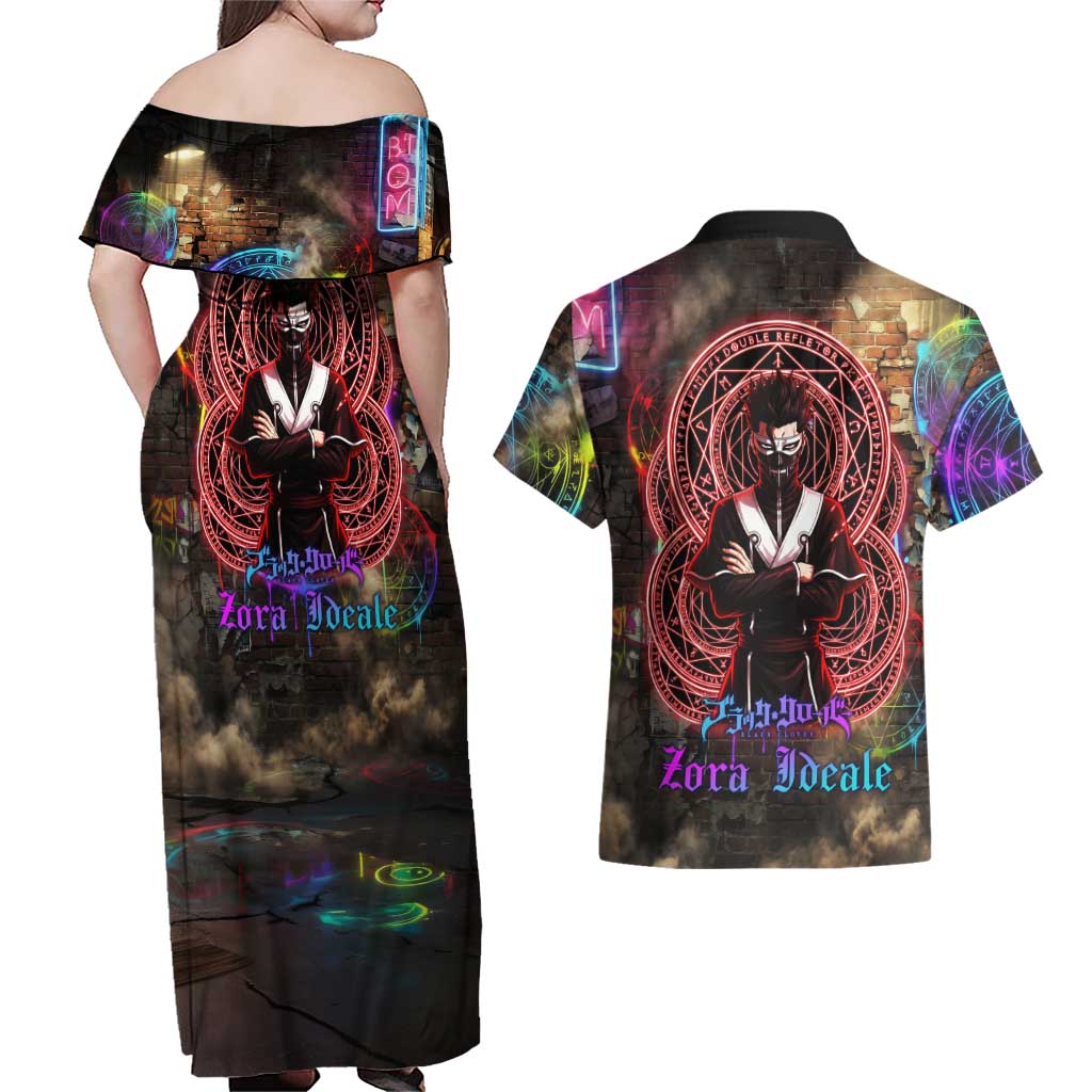 Zara Ideale Black Clover Couples Matching Off Shoulder Maxi Dress and Hawaiian Shirt Graffiti Magic Circle Style with Urban Grunge Aesthetic