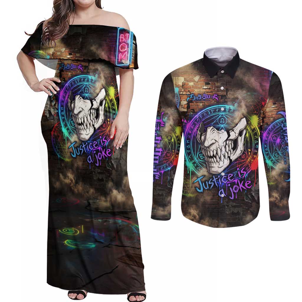Zara Ideale Black Clover Couples Matching Off Shoulder Maxi Dress and Long Sleeve Button Shirt Graffiti Magic Circle Style with Urban Grunge Aesthetic