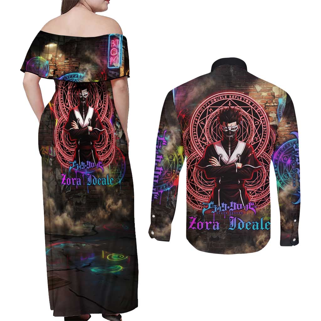 Zara Ideale Black Clover Couples Matching Off Shoulder Maxi Dress and Long Sleeve Button Shirt Graffiti Magic Circle Style with Urban Grunge Aesthetic