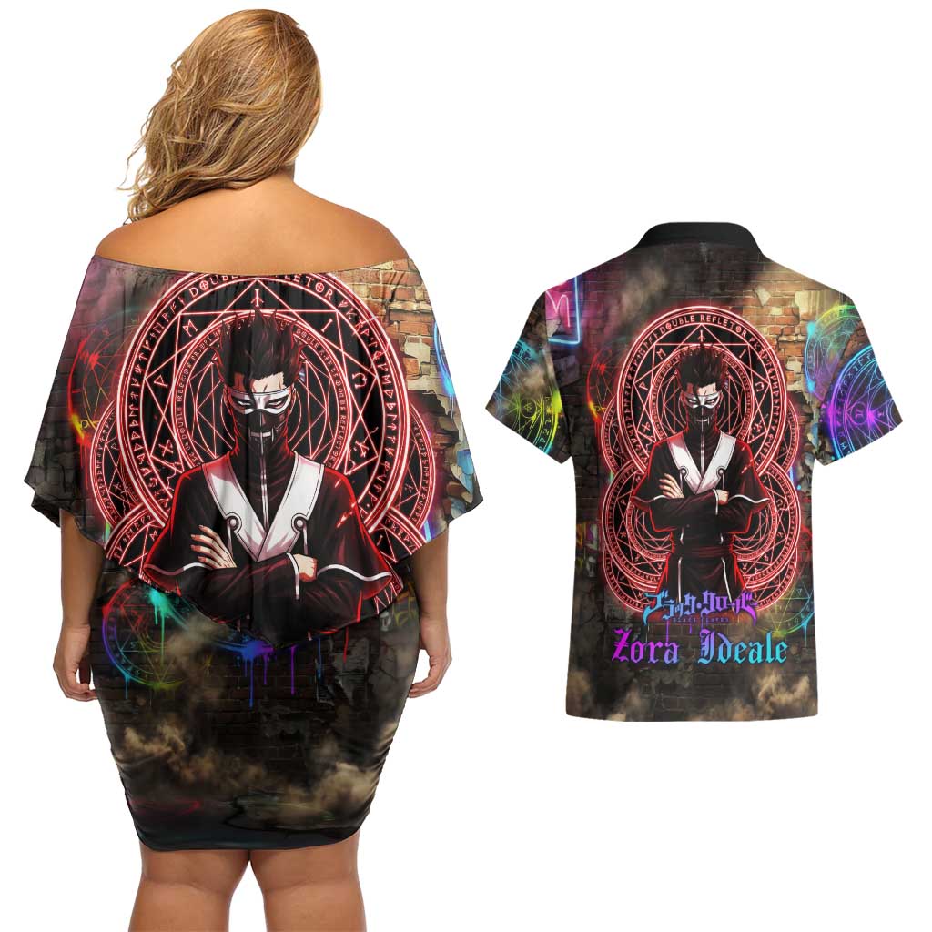 Zara Ideale Black Clover Couples Matching Off Shoulder Short Dress and Hawaiian Shirt Graffiti Magic Circle Style with Urban Grunge Aesthetic