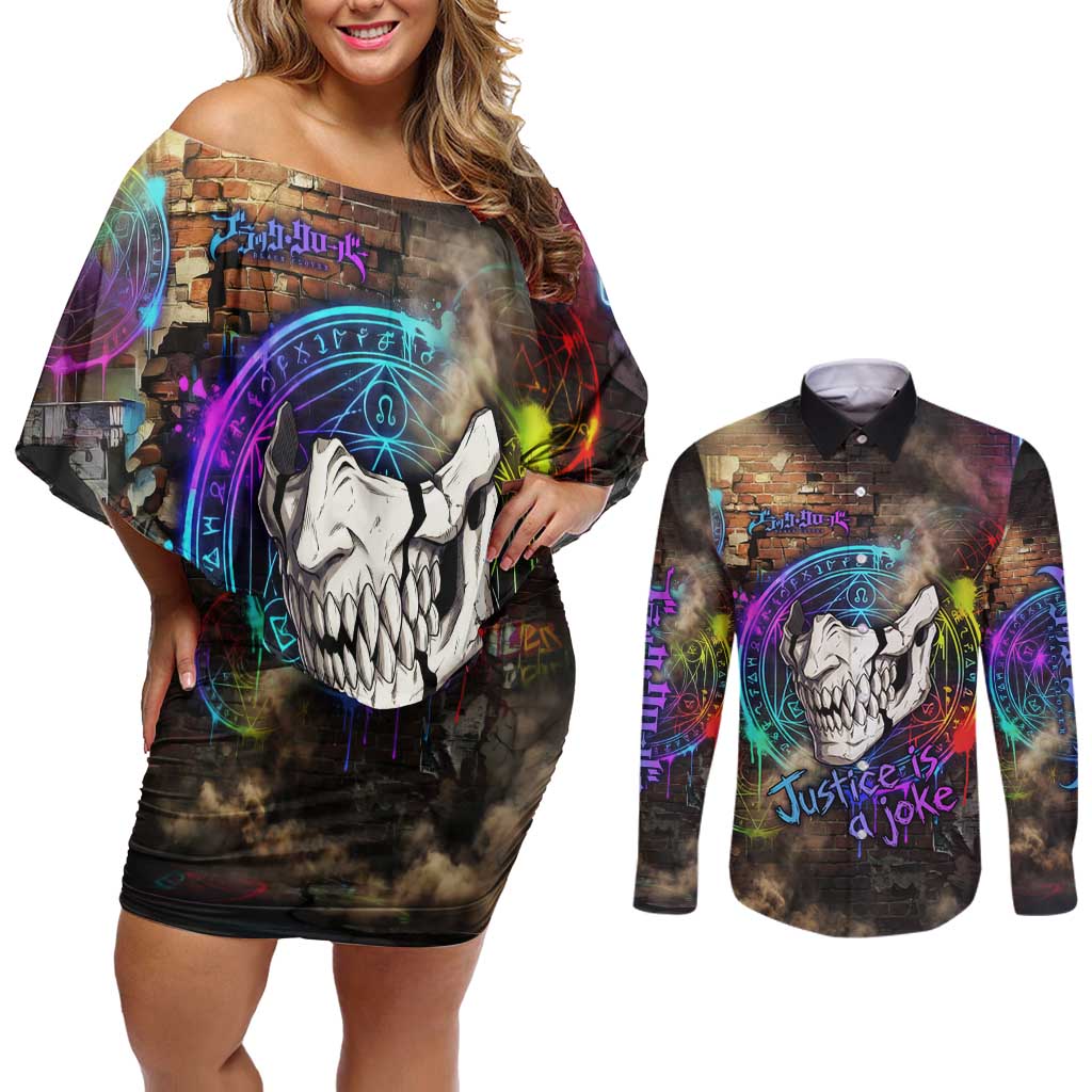 Zara Ideale Black Clover Couples Matching Off Shoulder Short Dress and Long Sleeve Button Shirt Graffiti Magic Circle Style with Urban Grunge Aesthetic