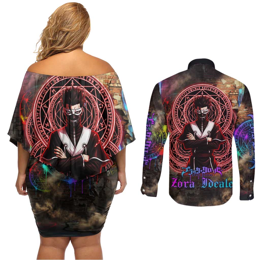 Zara Ideale Black Clover Couples Matching Off Shoulder Short Dress and Long Sleeve Button Shirt Graffiti Magic Circle Style with Urban Grunge Aesthetic