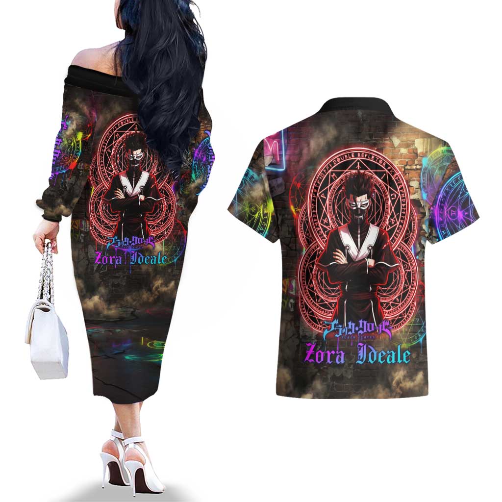 Zara Ideale Black Clover Couples Matching Off The Shoulder Long Sleeve Dress and Hawaiian Shirt Graffiti Magic Circle Style with Urban Grunge Aesthetic