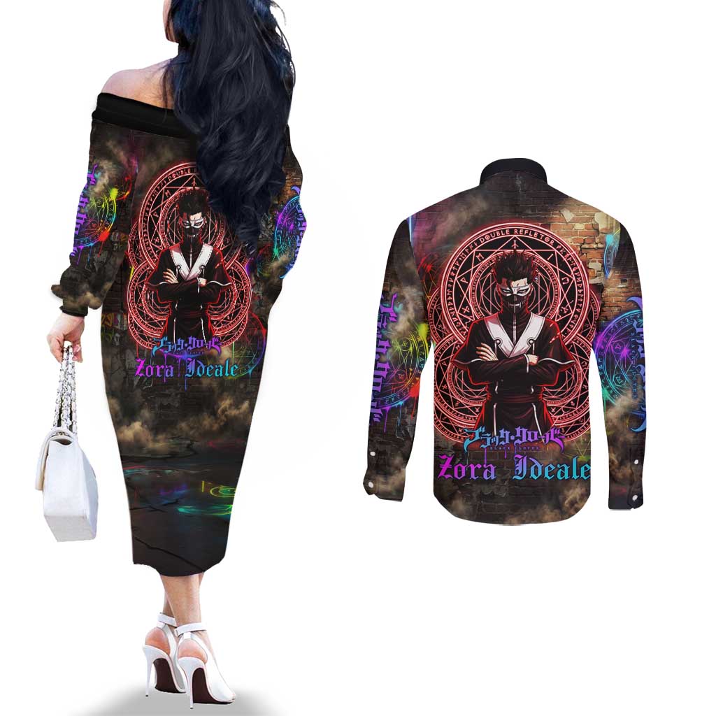 Zara Ideale Black Clover Couples Matching Off The Shoulder Long Sleeve Dress and Long Sleeve Button Shirt Graffiti Magic Circle Style with Urban Grunge Aesthetic