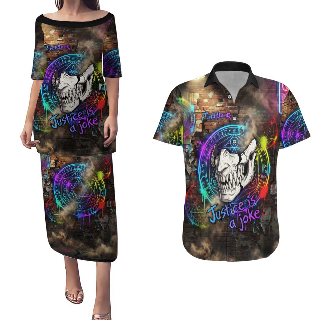 Zara Ideale Black Clover Couples Matching Puletasi and Hawaiian Shirt Graffiti Magic Circle Style with Urban Grunge Aesthetic