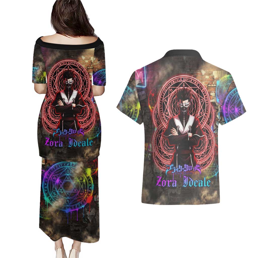 Zara Ideale Black Clover Couples Matching Puletasi and Hawaiian Shirt Graffiti Magic Circle Style with Urban Grunge Aesthetic