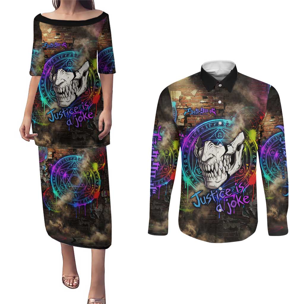 Zara Ideale Black Clover Couples Matching Puletasi and Long Sleeve Button Shirt Graffiti Magic Circle Style with Urban Grunge Aesthetic
