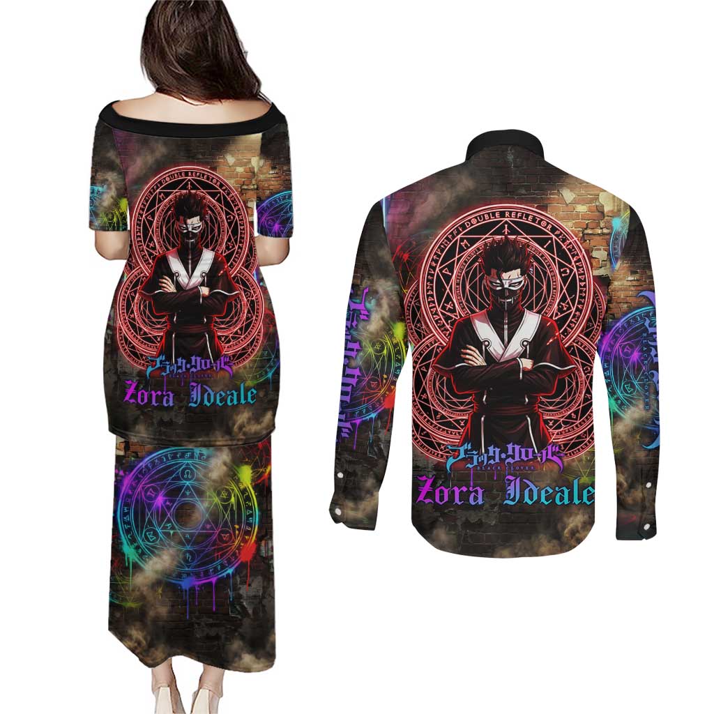 Zara Ideale Black Clover Couples Matching Puletasi and Long Sleeve Button Shirt Graffiti Magic Circle Style with Urban Grunge Aesthetic