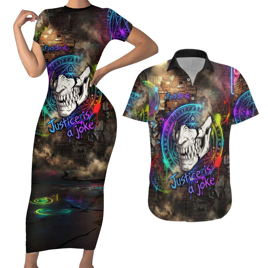 Zara Ideale Black Clover Couples Matching Short Sleeve Bodycon Dress and Hawaiian Shirt Graffiti Magic Circle Style with Urban Grunge Aesthetic