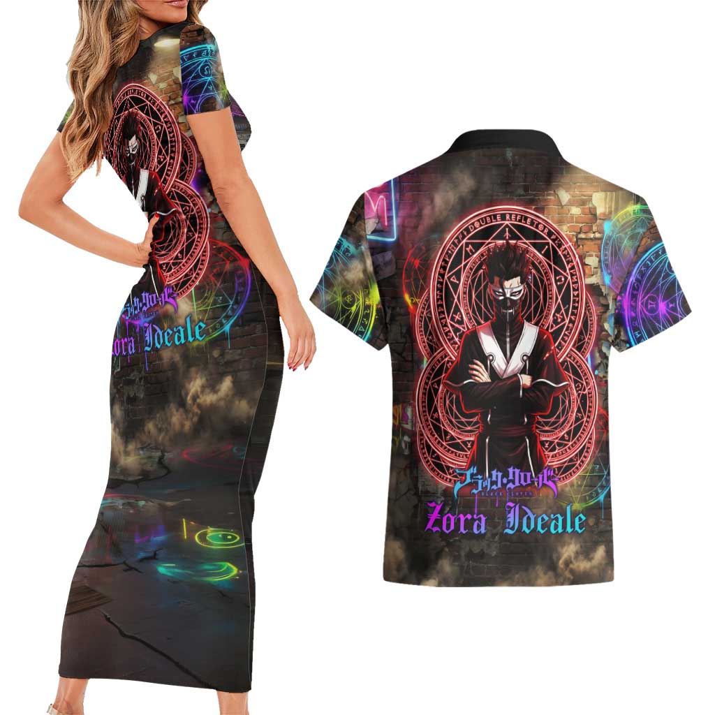 Zara Ideale Black Clover Couples Matching Short Sleeve Bodycon Dress and Hawaiian Shirt Graffiti Magic Circle Style with Urban Grunge Aesthetic