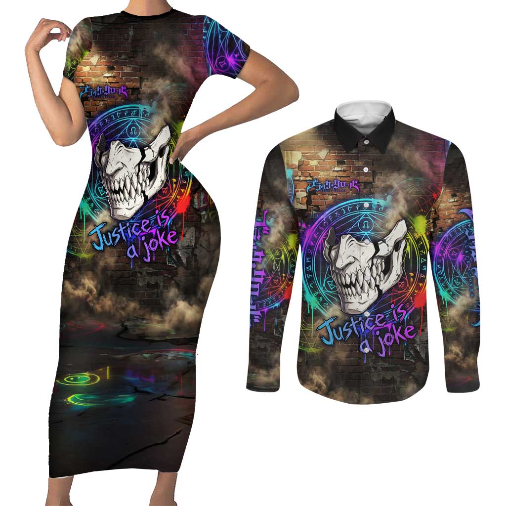 Zara Ideale Black Clover Couples Matching Short Sleeve Bodycon Dress and Long Sleeve Button Shirt Graffiti Magic Circle Style with Urban Grunge Aesthetic