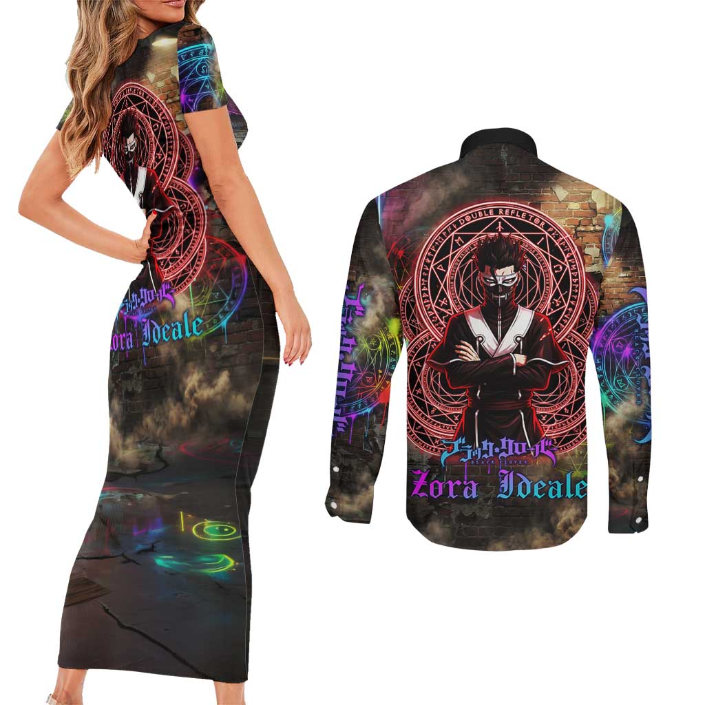 Zara Ideale Black Clover Couples Matching Short Sleeve Bodycon Dress and Long Sleeve Button Shirt Graffiti Magic Circle Style with Urban Grunge Aesthetic