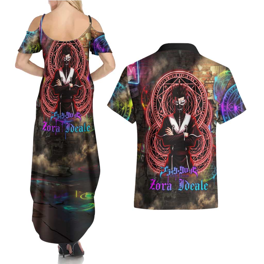Zara Ideale Black Clover Couples Matching Summer Maxi Dress and Hawaiian Shirt Graffiti Magic Circle Style with Urban Grunge Aesthetic