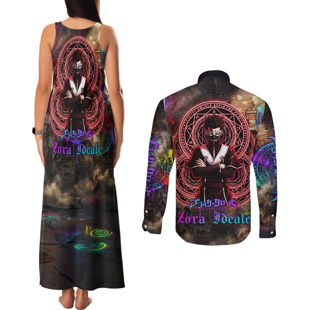 Zara Ideale Black Clover Couples Matching Tank Maxi Dress and Long Sleeve Button Shirt Graffiti Magic Circle Style with Urban Grunge Aesthetic