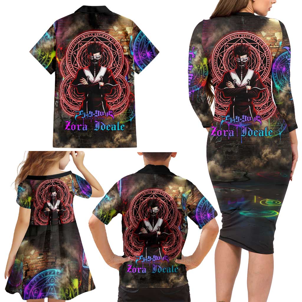 Zara Ideale Black Clover Family Matching Long Sleeve Bodycon Dress and Hawaiian Shirt Graffiti Magic Circle Style with Urban Grunge Aesthetic
