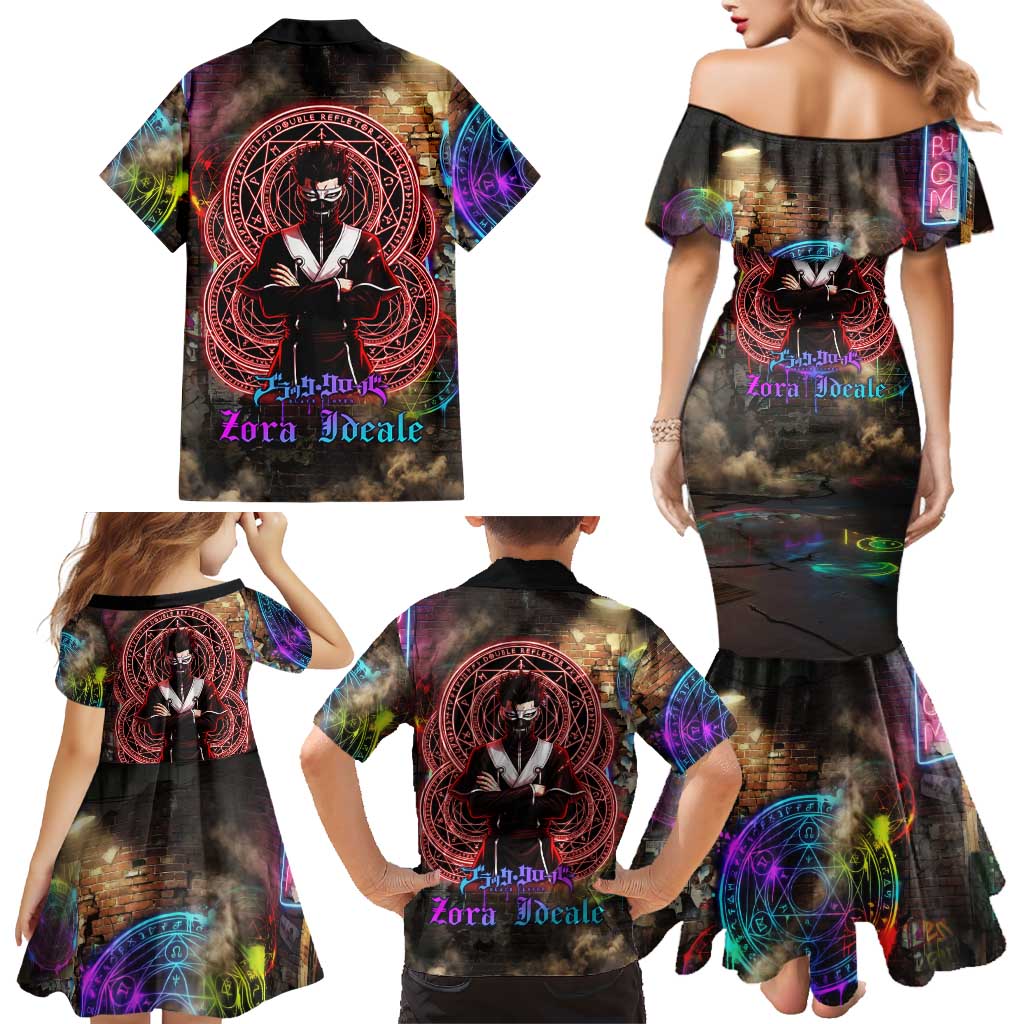 Zara Ideale Black Clover Family Matching Mermaid Dress and Hawaiian Shirt Graffiti Magic Circle Style with Urban Grunge Aesthetic