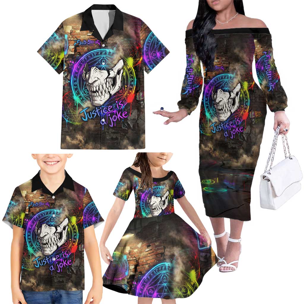 Zara Ideale Black Clover Family Matching Off The Shoulder Long Sleeve Dress and Hawaiian Shirt Graffiti Magic Circle Style with Urban Grunge Aesthetic