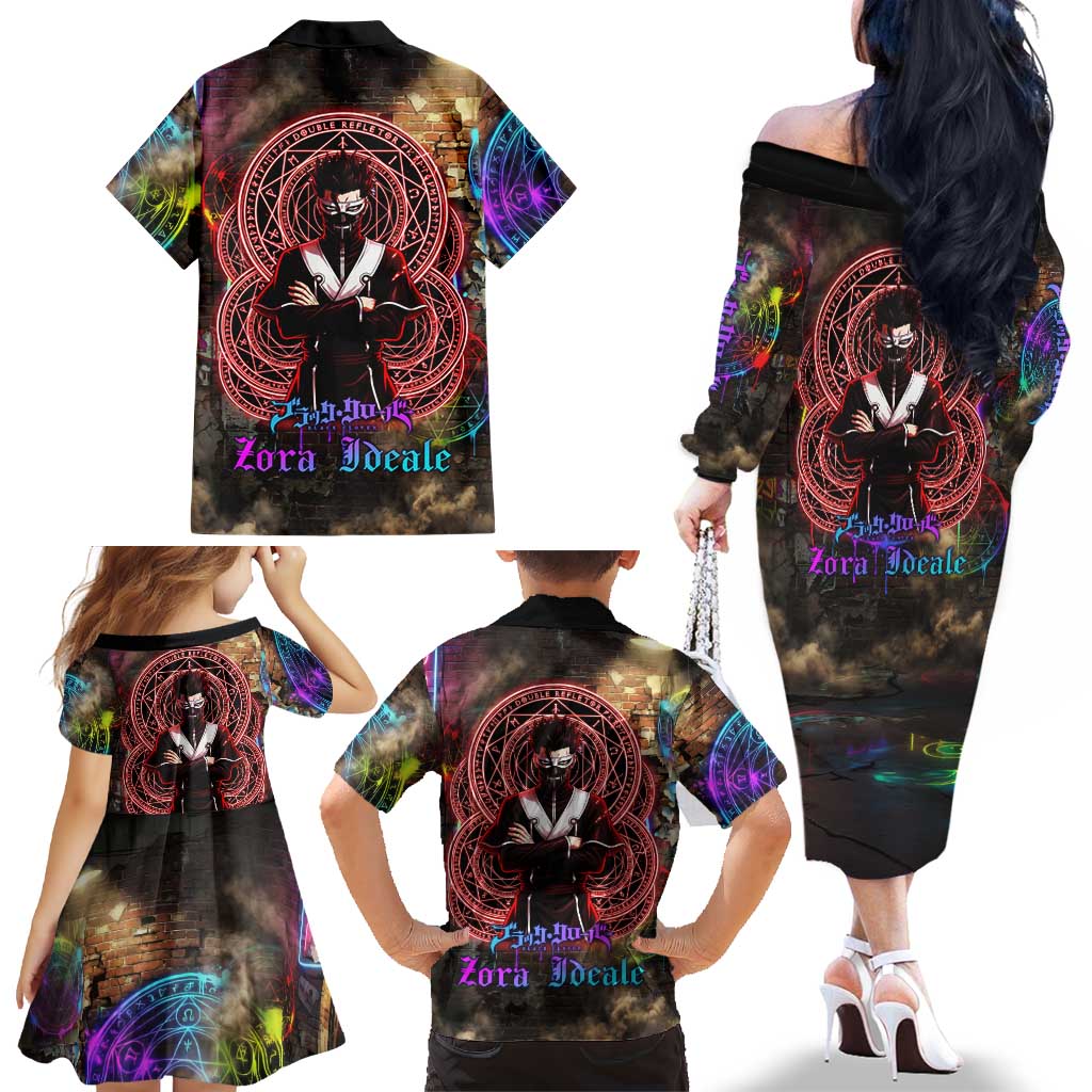 Zara Ideale Black Clover Family Matching Off The Shoulder Long Sleeve Dress and Hawaiian Shirt Graffiti Magic Circle Style with Urban Grunge Aesthetic
