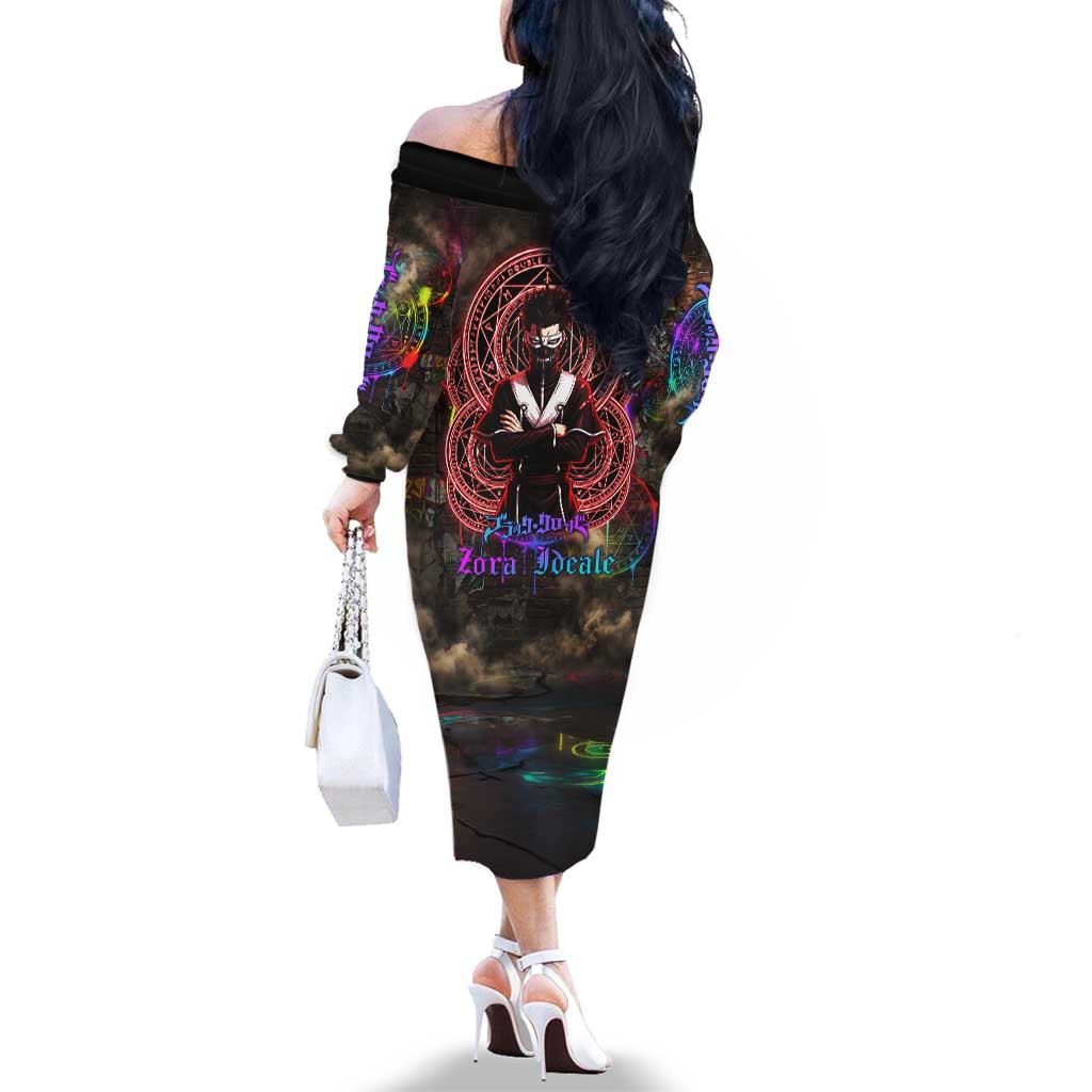 Zara Ideale Black Clover Family Matching Off The Shoulder Long Sleeve Dress and Hawaiian Shirt Graffiti Magic Circle Style with Urban Grunge Aesthetic