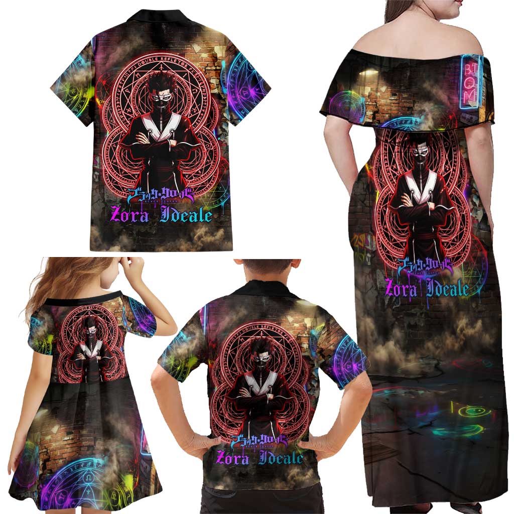 Zara Ideale Black Clover Family Matching Off Shoulder Maxi Dress and Hawaiian Shirt Graffiti Magic Circle Style with Urban Grunge Aesthetic