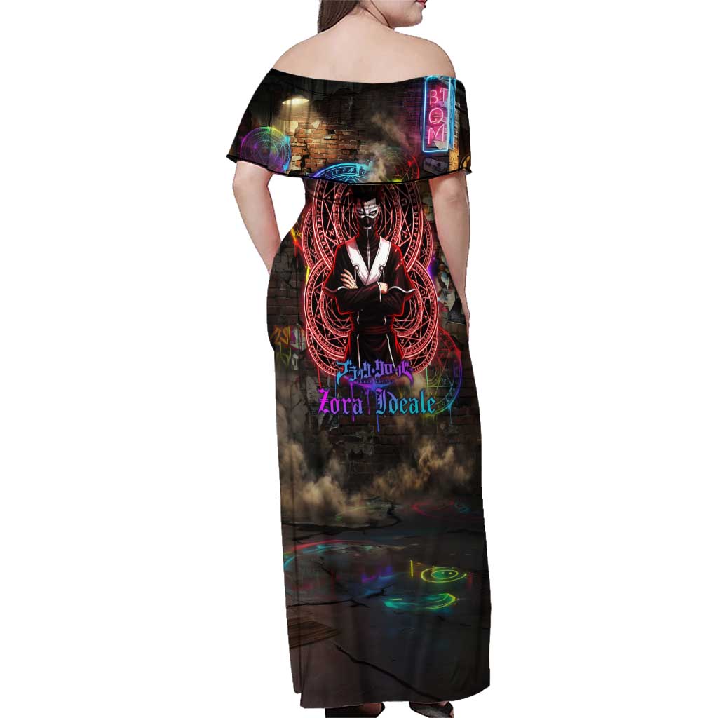 Zara Ideale Black Clover Family Matching Off Shoulder Maxi Dress and Hawaiian Shirt Graffiti Magic Circle Style with Urban Grunge Aesthetic