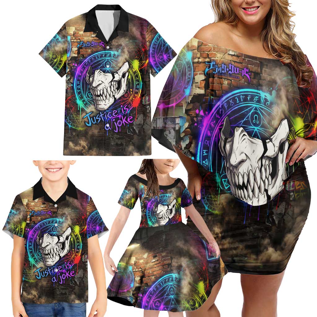Zara Ideale Black Clover Family Matching Off Shoulder Short Dress and Hawaiian Shirt Graffiti Magic Circle Style with Urban Grunge Aesthetic