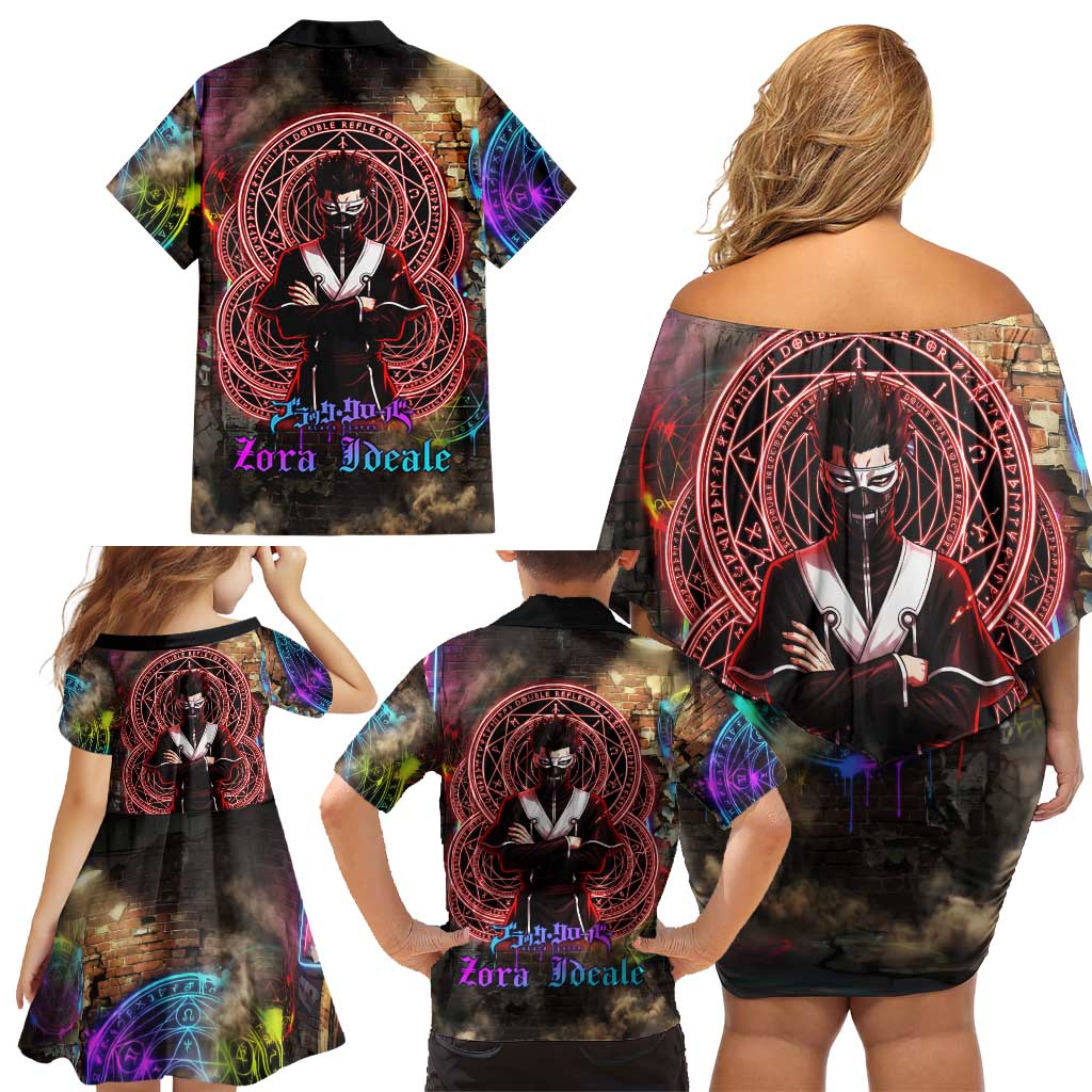 Zara Ideale Black Clover Family Matching Off Shoulder Short Dress and Hawaiian Shirt Graffiti Magic Circle Style with Urban Grunge Aesthetic
