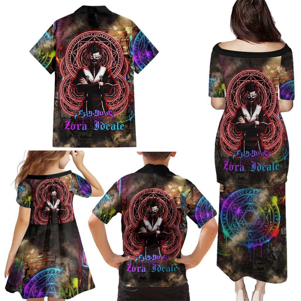 Zara Ideale Black Clover Family Matching Puletasi and Hawaiian Shirt Graffiti Magic Circle Style with Urban Grunge Aesthetic
